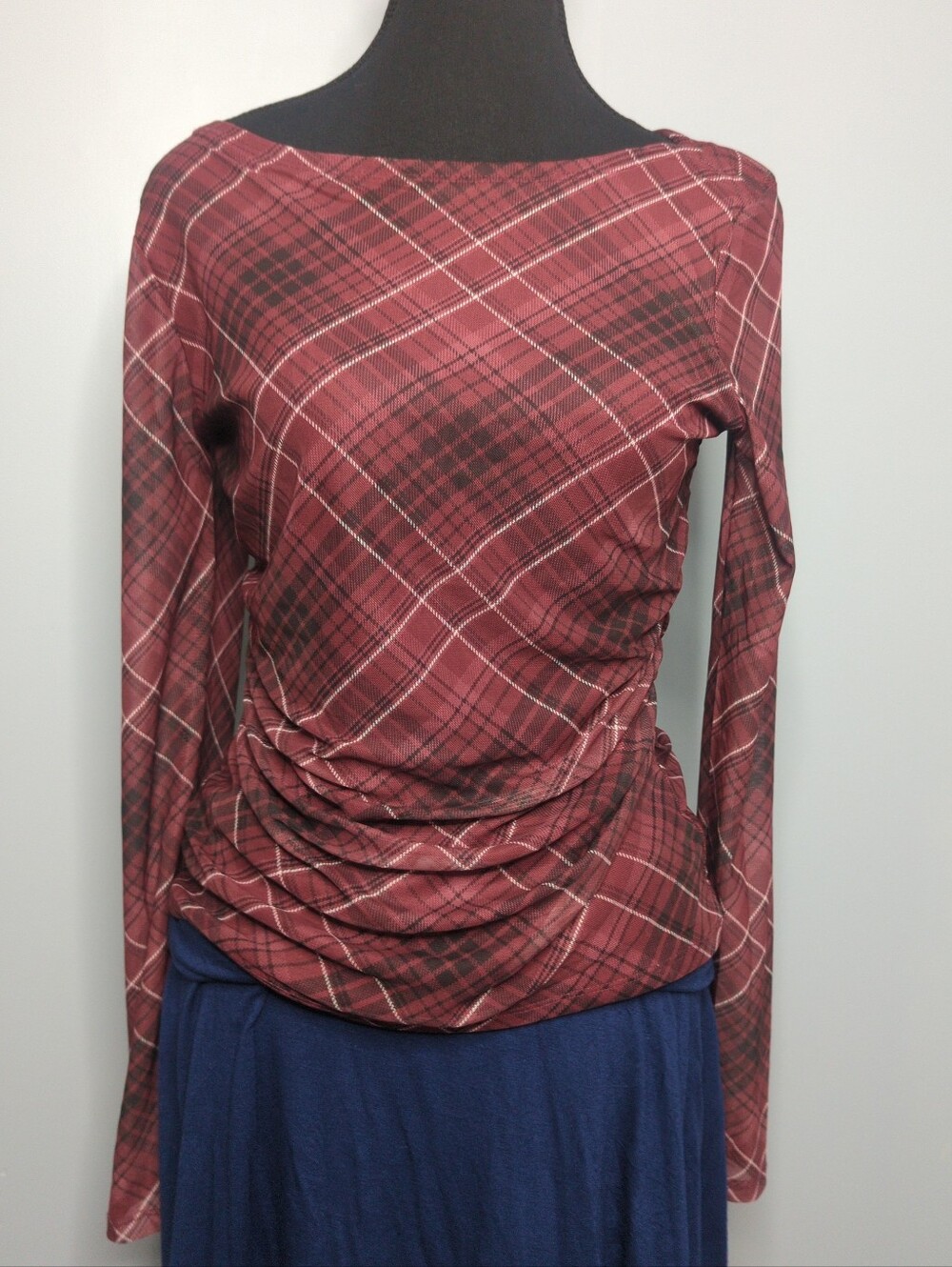 Rachel Zoe Burgundy Plaid Mesh Ruched Long Sleeve Top NWOT M